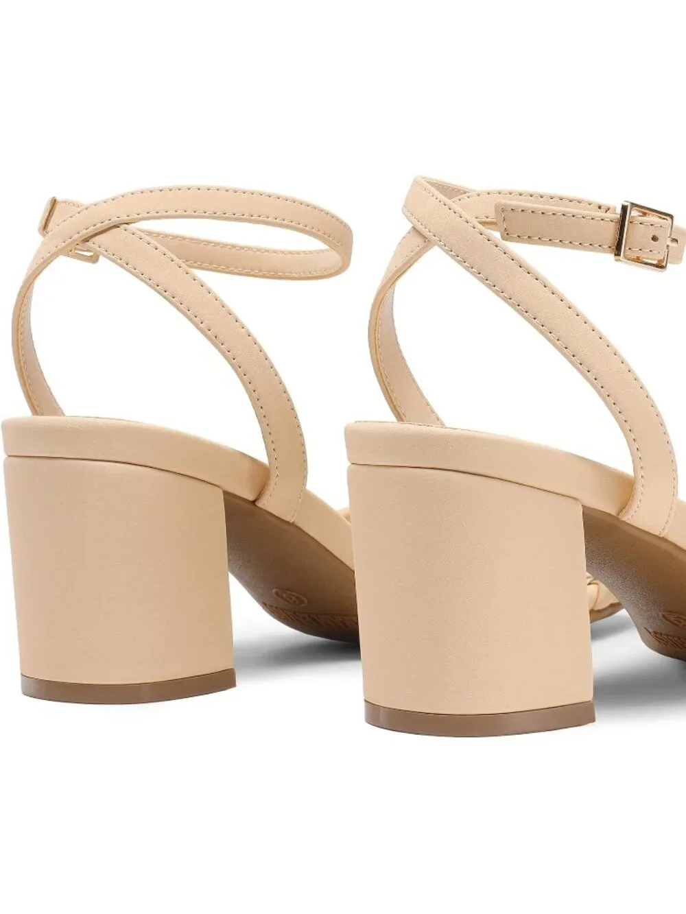 Women's Nude Faux Leather Square-Toe Chunky Block Ankle Buckle Heeled Sandals